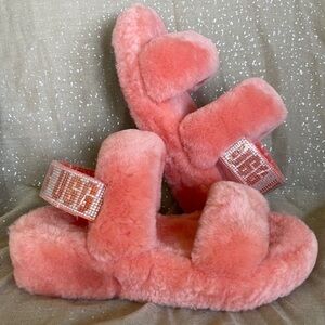 Brand New UGG Fluff Yeah Genuine Lamb Fur Slides Slippers Sparkly Crystal Strap